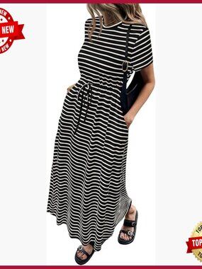 Summer Maxi Dress Casual Short Sleeve Drawstring Waist Loose Fit T-Shirt Style